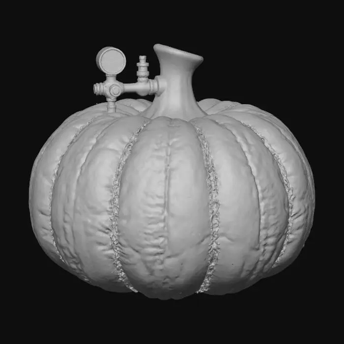 3D model for object: Pumpkin Nitrous Bottle
material: Carved pumpkin shell, brass hardware, glowing runes, textured gourd flesh
shape_form: Cylindrical nitrous tank stylized as a carved gourd; wide belly tapering to brass cap and valve assembly; rune-etched gauge on the side; seed-textured grip pads near the base
color_scheme: Deep orange outer skin with lighter inner pulp, aged brass fittings, soft green stem cap, glowing blue-white runes on the gauge
texture_details: Rough pumpkin skin with vertical ridges, carved sections revealing pulpy inner texture; metallic brass with light oxidation; emissive glowing rune gauge; matte seed-like textures on grip handles
reference_models:
  - Real carved pumpkins
  - NOS nitrous tanks (cylindrical shape + gauge layout)
, #Halloween2025#,