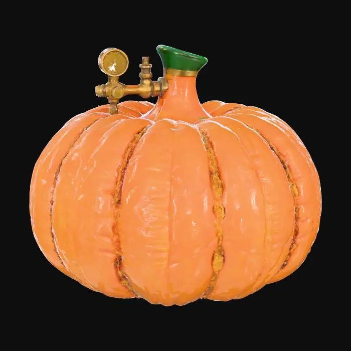 3D model for object: Pumpkin Nitrous Bottle
material: Carved pumpkin shell, brass hardware, glowing runes, textured gourd flesh
shape_form: Cylindrical nitrous tank stylized as a carved gourd; wide belly tapering to brass cap and valve assembly; rune-etched gauge on the side; seed-textured grip pads near the base
color_scheme: Deep orange outer skin with lighter inner pulp, aged brass fittings, soft green stem cap, glowing blue-white runes on the gauge
texture_details: Rough pumpkin skin with vertical ridges, carved sections revealing pulpy inner texture; metallic brass with light oxidation; emissive glowing rune gauge; matte seed-like textures on grip handles
reference_models:
  - Real carved pumpkins
  - NOS nitrous tanks (cylindrical shape + gauge layout)
, #Halloween2025#,