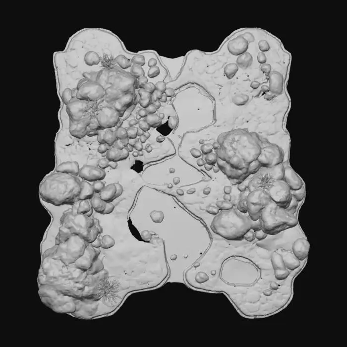 3D model for {"object":"urban landscape terrain","material":"painted cobblestone, bamboo decking, neon-accented dirt, holographic tatami mats","shape_form":"layered multi-tier platforms, exaggerated slopes, artificial hills with tech veins, stylized potholes","color_scheme":"vivid earthy browns with hot pink neon seams, mossy greens, electric blues","texture_details":"cel-shaded with thick anime-style ink lines and sharp shadow angles","style":"cartoon, parody, 1990s anime cel","environment_use_context":"foundation terrain for sci-fi Edo parody city","reference_models":["Samurai Pizza Cats ground scenes","Katamari Damacy terrain","Okami meets MegaTokyo base"]}