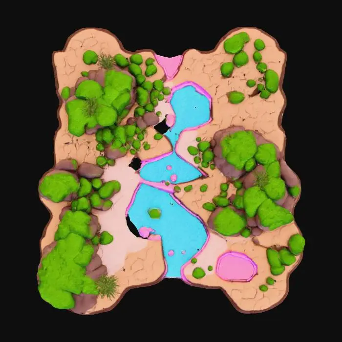 3D model for {"object":"urban landscape terrain","material":"painted cobblestone, bamboo decking, neon-accented dirt, holographic tatami mats","shape_form":"layered multi-tier platforms, exaggerated slopes, artificial hills with tech veins, stylized potholes","color_scheme":"vivid earthy browns with hot pink neon seams, mossy greens, electric blues","texture_details":"cel-shaded with thick anime-style ink lines and sharp shadow angles","style":"cartoon, parody, 1990s anime cel","environment_use_context":"foundation terrain for sci-fi Edo parody city","reference_models":["Samurai Pizza Cats ground scenes","Katamari Damacy terrain","Okami meets MegaTokyo base"]}