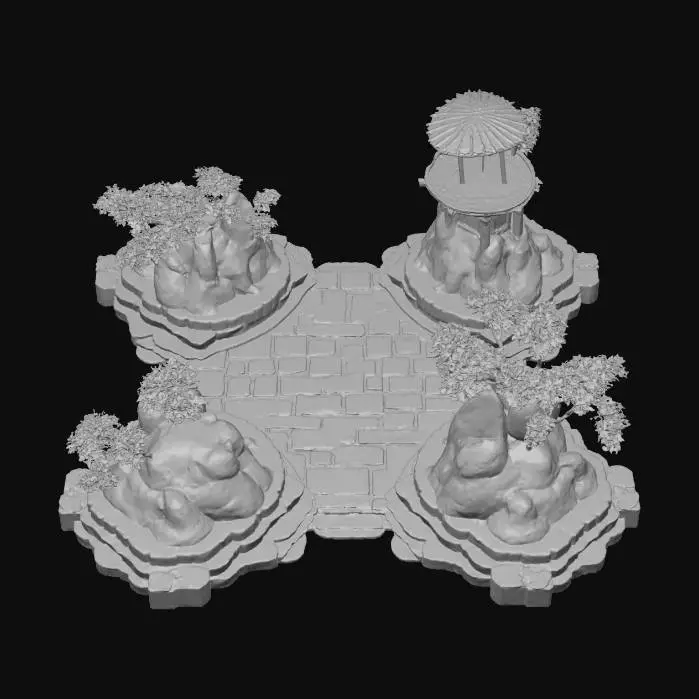 3D model for {"object":"urban landscape terrain","material":"painted cobblestone, bamboo decking, neon-accented dirt, holographic tatami mats","shape_form":"layered multi-tier platforms, exaggerated slopes, artificial hills with tech veins, stylized potholes","color_scheme":"vivid earthy browns with hot pink neon seams, mossy greens, electric blues","texture_details":"cel-shaded with thick anime-style ink lines and sharp shadow angles","style":"cartoon, parody, 1990s anime cel","environment_use_context":"foundation terrain for sci-fi Edo parody city","reference_models":["Samurai Pizza Cats ground scenes","Katamari Damacy terrain","Okami meets MegaTokyo base"]}