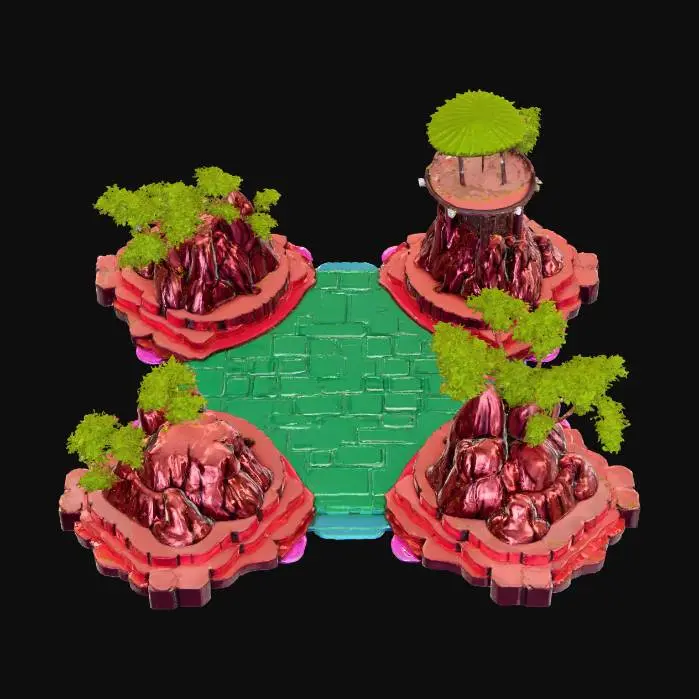 3D model for {"object":"urban landscape terrain","material":"painted cobblestone, bamboo decking, neon-accented dirt, holographic tatami mats","shape_form":"layered multi-tier platforms, exaggerated slopes, artificial hills with tech veins, stylized potholes","color_scheme":"vivid earthy browns with hot pink neon seams, mossy greens, electric blues","texture_details":"cel-shaded with thick anime-style ink lines and sharp shadow angles","style":"cartoon, parody, 1990s anime cel","environment_use_context":"foundation terrain for sci-fi Edo parody city","reference_models":["Samurai Pizza Cats ground scenes","Katamari Damacy terrain","Okami meets MegaTokyo base"]}