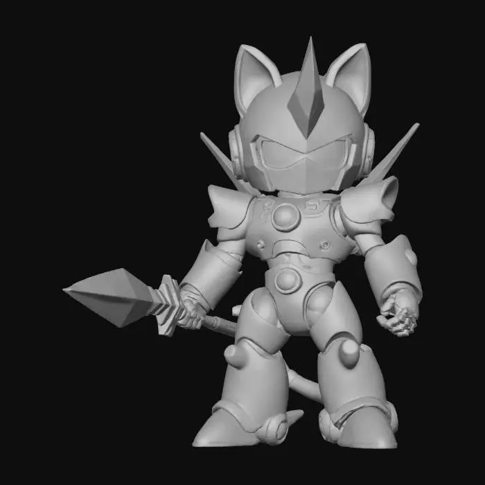 3D model for {"object":"chibi robo-cat samurai leader — psycho-frame variant","material":"white plates over dark inner-frame with translucent neon rails; gold bell; clear visor","shape_form":"V-fin cat-helm with central horn; compact chest core with light seams; layered shoulders with vernier pods; segmented arms; blocky knees; twin-thruster pack; hip scabbard (beam katana); pizza medallion+badge","color_scheme":"white base, cyan/teal frame glow, red trims, gold hardware, black frame","texture_details":"dense panel inks, hard 2-step cel shade, glossy armor, matte joints, glow decals","style":"1990s anime cel, mecha-armor, parody sentai, hyper-saturated, no realism","environment_use_context":"Edoropolis; humanoid rig; idle/unlock/ignite frame; mid poly 20–40k; quads; single UV; cel normals"
