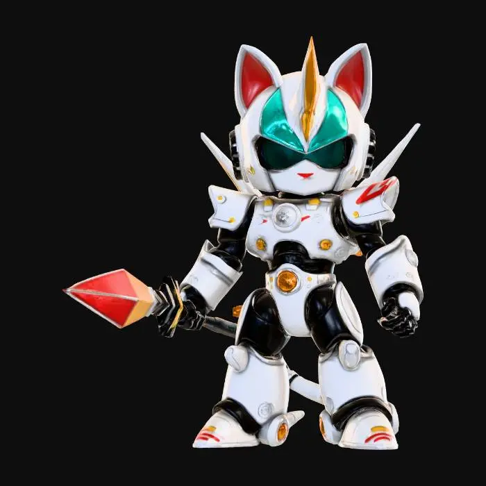 3D model for {"object":"chibi robo-cat samurai leader — psycho-frame variant","material":"white plates over dark inner-frame with translucent neon rails; gold bell; clear visor","shape_form":"V-fin cat-helm with central horn; compact chest core with light seams; layered shoulders with vernier pods; segmented arms; blocky knees; twin-thruster pack; hip scabbard (beam katana); pizza medallion+badge","color_scheme":"white base, cyan/teal frame glow, red trims, gold hardware, black frame","texture_details":"dense panel inks, hard 2-step cel shade, glossy armor, matte joints, glow decals","style":"1990s anime cel, mecha-armor, parody sentai, hyper-saturated, no realism","environment_use_context":"Edoropolis; humanoid rig; idle/unlock/ignite frame; mid poly 20–40k; quads; single UV; cel normals"
