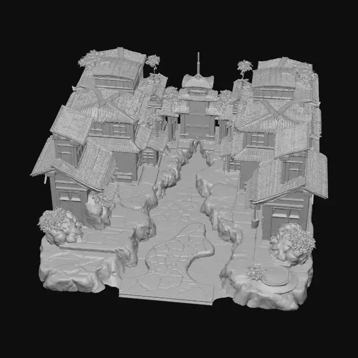 3D model for {"object":"urban landscape terrain","material":"painted cobblestone, bamboo decking, neon-accented dirt, holographic tatami mats","shape_form":"layered multi-tier platforms, exaggerated slopes, artificial hills with tech veins, stylized potholes","color_scheme":"vivid earthy browns with hot pink neon seams, mossy greens, electric blues","texture_details":"cel-shaded with thick anime-style ink lines and sharp shadow angles","style":"cartoon, parody, 1990s anime cel","environment_use_context":"foundation terrain for sci-fi Edo parody city","reference_models":["Samurai Pizza Cats ground scenes","Katamari Damacy terrain","Okami meets MegaTokyo base"]}