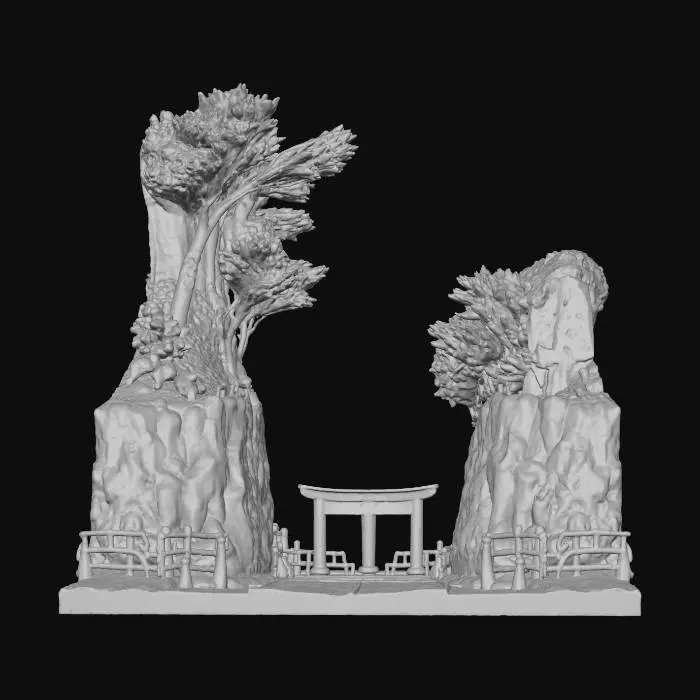 3D model for {"object":"Touge mountain — winter lights","material":"stone walls, bamboo light rails, holographic sakura/snow, LED torii","shape_form":"steep hairpins, cliff overlooks, tunnel shortcuts, downhill esses","color_scheme":"hot-pink blossoms, pine-green rails, gold gates, dark road with blue ice","texture_details":"bold line art, two-step cel shadows, rim highlights on rails, snow sparkle","style":"1990s anime cel, cartoon, sentai parody","environment_use_context":"downhill time-attack, icy patches, lantern check-points","reference_models":["mountain pass races"]}, #Christmas2025#