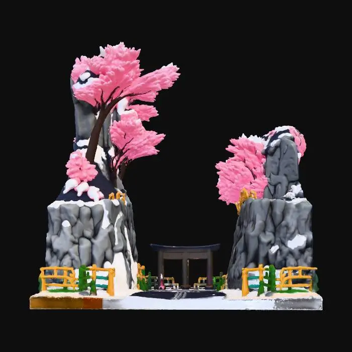 3D model for {"object":"Touge mountain — winter lights","material":"stone walls, bamboo light rails, holographic sakura/snow, LED torii","shape_form":"steep hairpins, cliff overlooks, tunnel shortcuts, downhill esses","color_scheme":"hot-pink blossoms, pine-green rails, gold gates, dark road with blue ice","texture_details":"bold line art, two-step cel shadows, rim highlights on rails, snow sparkle","style":"1990s anime cel, cartoon, sentai parody","environment_use_context":"downhill time-attack, icy patches, lantern check-points","reference_models":["mountain pass races"]}, #Christmas2025#