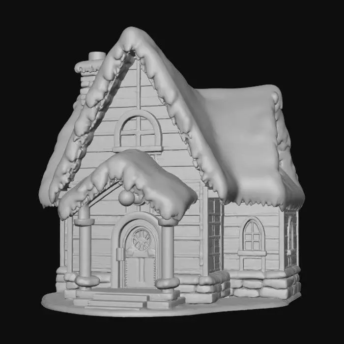 3D model for {"Object":"Santa's house exterior","Material":"walls made of red wooden planks, roof made of snow-covered shingles, trim made of white carved wood, chimney made of stone, columns made of candy-canes","Shape/Form":"tall A-frame cabin with side wing, steep roof, big stone chimney, rounded entry porch","Color Scheme":"red walls, white snow and trim, green doors and shutters, warm yellow windows","Texture Details":"wood grain, carved trim grooves, rough stone blocks, soft piled snow, glossy candy stripes","Style":"PBR stylized realism for games","Environment/Use Context":"set on flat snowy ground, faint aurora sky, no extra props","Reference Models":"search Santa house 3D model"}, #Christmas2025#