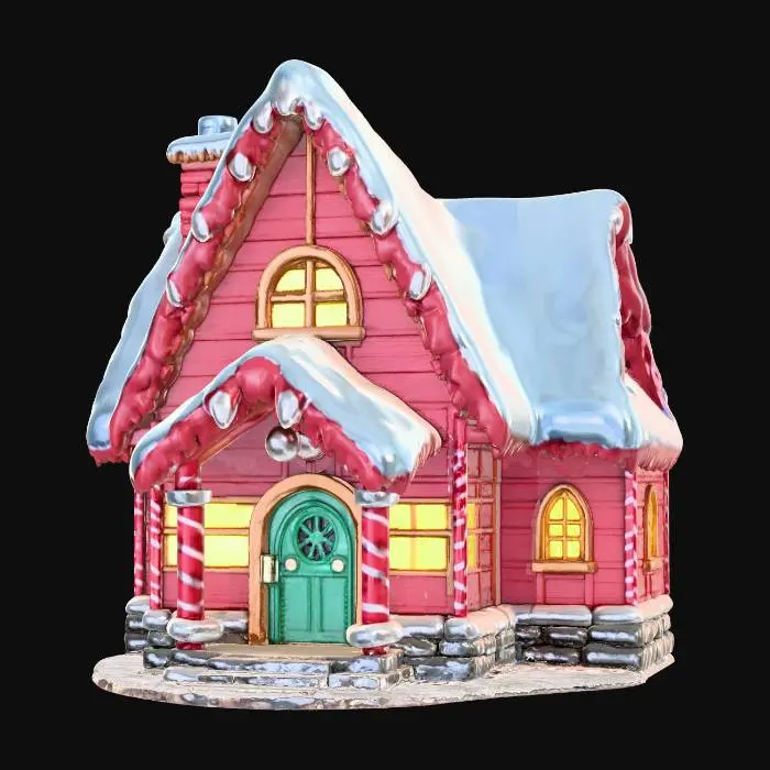 3D model for {"Object":"Santa's house exterior","Material":"walls made of red wooden planks, roof made of snow-covered shingles, trim made of white carved wood, chimney made of stone, columns made of candy-canes","Shape/Form":"tall A-frame cabin with side wing, steep roof, big stone chimney, rounded entry porch","Color Scheme":"red walls, white snow and trim, green doors and shutters, warm yellow windows","Texture Details":"wood grain, carved trim grooves, rough stone blocks, soft piled snow, glossy candy stripes","Style":"PBR stylized realism for games","Environment/Use Context":"set on flat snowy ground, faint aurora sky, no extra props","Reference Models":"search Santa house 3D model"}, #Christmas2025#