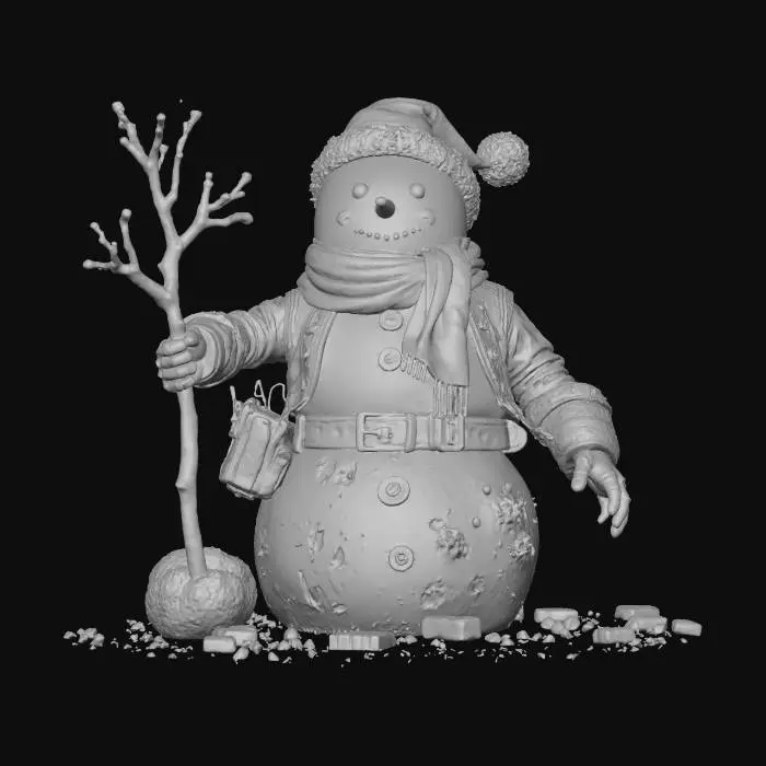 3D model for Subject: Holiday Snowman, missing one arm, dystopian realism.
Style: Hyper-realistic, cyberpunk, gritty textures, high-poly details, cinematic lighting.
Material: dirty snow, rugged gear with patched fabric, rusted depth
Details: Cybernetic enhancements, torn clothing, survival tools, weathered textures, battle wounds.
Purpose: Game asset for dystopian RPG, 4K PBR textures, optimized for HDR lighting., #Christmas2025#