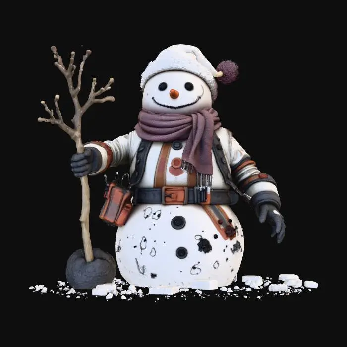 3D model for Subject: Holiday Snowman, missing one arm, dystopian realism.
Style: Hyper-realistic, cyberpunk, gritty textures, high-poly details, cinematic lighting.
Material: dirty snow, rugged gear with patched fabric, rusted depth
Details: Cybernetic enhancements, torn clothing, survival tools, weathered textures, battle wounds.
Purpose: Game asset for dystopian RPG, 4K PBR textures, optimized for HDR lighting., #Christmas2025#