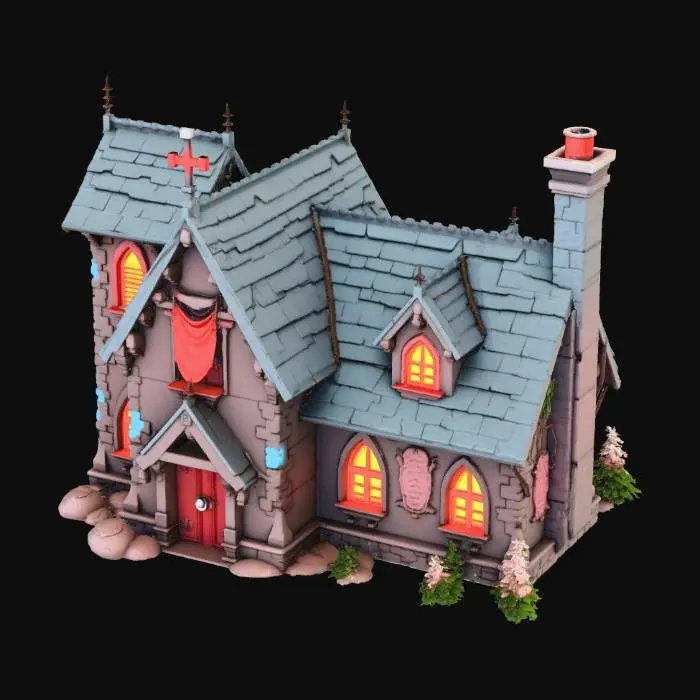 3D model for {"object":"Ork Krumpmas Chapel-Lodge","material":"stone, scrap metal, rusted steel, red fabric, glowing wires, chains, ammo belts, bottle caps","shape_form":"converted gothic chapel with armored walls, broken bell tower, bolted shutters, crooked chimney pipe, flapping banner and glowing glyph plate on roof","color_scheme":"stone gray, rust brown, Ork green, red cloth, glowing yellow and blue lights","texture_details":"dented shutters, stained stone, soot smears, flickering lamps, ammo garlands, welded glyphs, snow with burn marks","style":"Cartoon","environment_use_context":"Warhammer 40K Ork Krumpmas stronghold repurposed from Imperial chapel","reference_models":["Imperial Gothic architecture","Warhammer terrain","looted cathedral ruins","#Christmas2025#