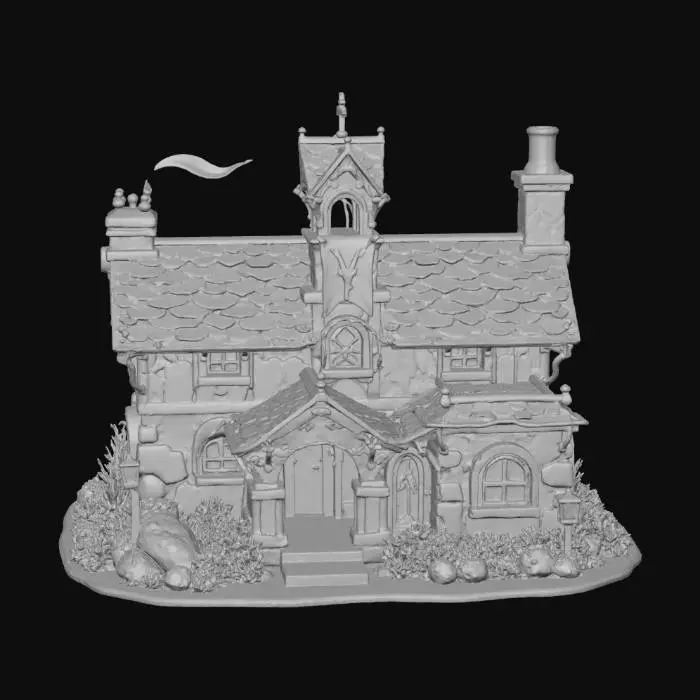 3D model for {"object":"Ork Krumpmas Chapel-Lodge","material":"stone, scrap metal, rusted steel, red fabric, glowing wires, chains, ammo belts, bottle caps","shape_form":"converted gothic chapel with armored walls, broken bell tower, bolted shutters, crooked chimney pipe, flapping banner and glowing glyph plate on roof","color_scheme":"stone gray, rust brown, Ork green, red cloth, glowing yellow and blue lights","texture_details":"dented shutters, stained stone, soot smears, flickering lamps, ammo garlands, welded glyphs, snow with burn marks","style":"Cartoon","environment_use_context":"Warhammer 40K Ork Krumpmas stronghold repurposed from Imperial chapel","reference_models":["Imperial Gothic architecture","Warhammer terrain","looted cathedral ruins","#Christmas2025#
