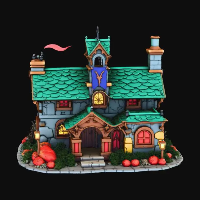 3D model for {"object":"Ork Krumpmas Chapel-Lodge","material":"stone, scrap metal, rusted steel, red fabric, glowing wires, chains, ammo belts, bottle caps","shape_form":"converted gothic chapel with armored walls, broken bell tower, bolted shutters, crooked chimney pipe, flapping banner and glowing glyph plate on roof","color_scheme":"stone gray, rust brown, Ork green, red cloth, glowing yellow and blue lights","texture_details":"dented shutters, stained stone, soot smears, flickering lamps, ammo garlands, welded glyphs, snow with burn marks","style":"Cartoon","environment_use_context":"Warhammer 40K Ork Krumpmas stronghold repurposed from Imperial chapel","reference_models":["Imperial Gothic architecture","Warhammer terrain","looted cathedral ruins","#Christmas2025#