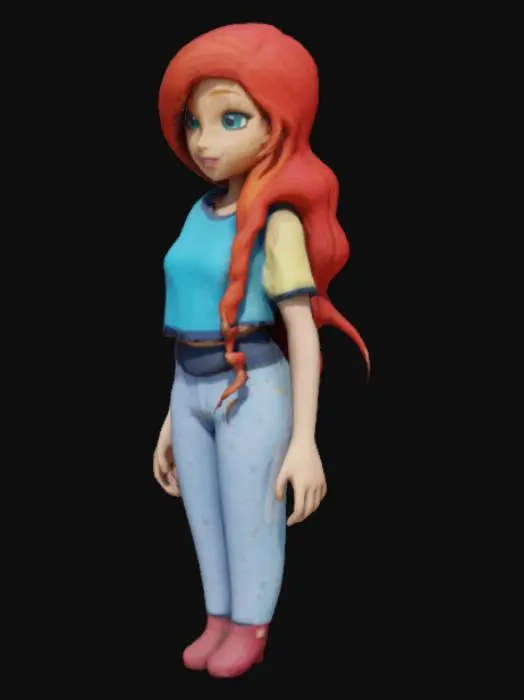 3D model for Bloom (Winx Club, 2004, Season 1) Red hair, Wearing a sky blue teal, sleeveless cropped yellow sweatshirt with dark blue trim and pale yellow short-sleeve shirt underneath with Sky blue slightly flared jeans that have stars on the bottom of the legs,  Winx Club, 2004