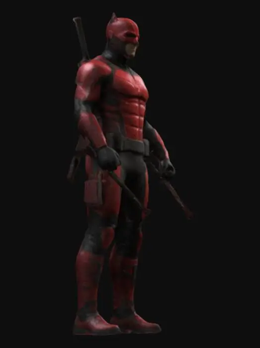3D model for A detailed 3D model of a superhero inspired by Daredevil. He wears a sleek red and black armored suit with a battle-worn texture. His mask covers the upper face, leaving the mouth and chin exposed, with two small horns on the forehead. His muscular build is well-defined, with reinforced padding on the chest and arms. He holds two eskrima sticks in a combat stance. The background is a dark urban rooftop with fog and moody lighting. Ultra-realistic textures, shadows, and reflections.