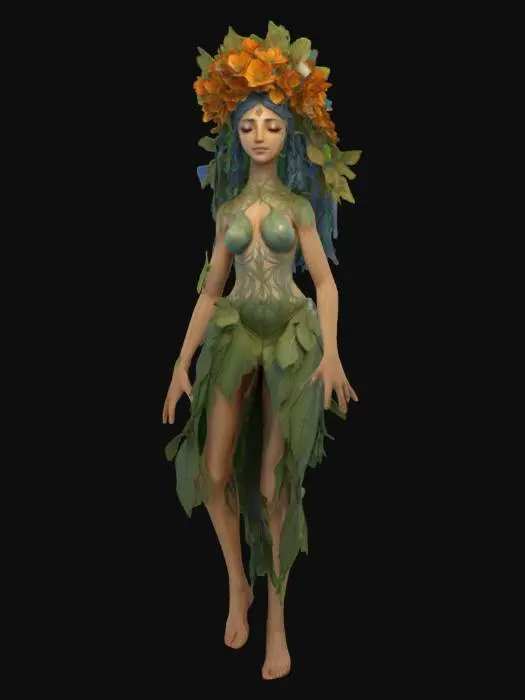 3D model for Ultra-detailed 3d full body model for Gaia, the first Greek goddess of Earth and creation . Her body is wrapped in overlapping carved leaves with fine veins, and flowers. her face is detailed with divine beauty . Her head has a crown of branches . Every surface shows elegant natural patterns. Eyes glow blue with inner reflections, like moonlight piercing a canopy. No metal, no plastic—only natural, stylized organic forms. Tailored for sharp silhouette, mid-to-close-up clarity, and high 3D readability. Perfect for fantasy display models and legacy scoring. –style raw –lighting dramatic –background neutral