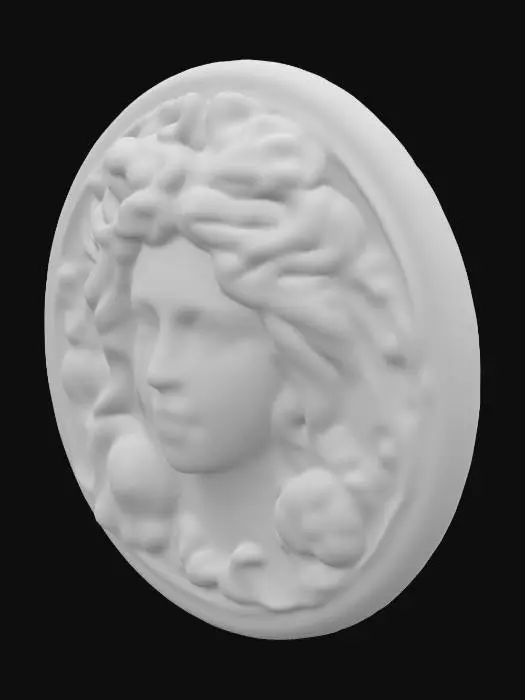 3D model for #emblem# – Create a stunning, intricately designed emblem featuring the head of Aphrodite as the central subject. The emblem should have a luxurious aesthetic, crafted from polished white marble with elegant gold accents. Use a round shape with ornate protrusions or decorative flourishes to enhance its classical beauty. The emblem should be surrounded by pretty sea shells and vines. Emphasize graceful facial features, flowing hair, and a divine, serene expression. 

