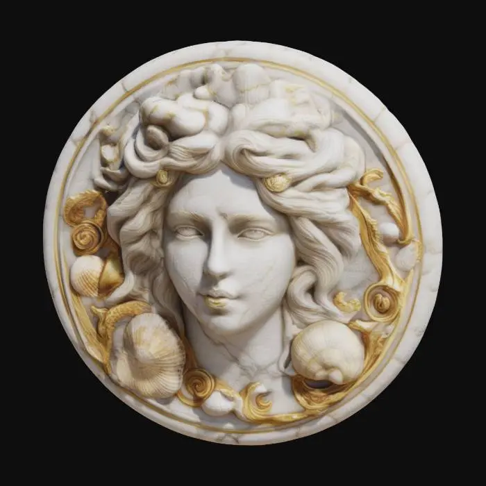 3D model for #emblem# – Create a stunning, intricately designed emblem featuring the head of Aphrodite as the central subject. The emblem should have a luxurious aesthetic, crafted from polished white marble with elegant gold accents. Use a round shape with ornate protrusions or decorative flourishes to enhance its classical beauty. The emblem should be surrounded by pretty sea shells and vines. Emphasize graceful facial features, flowing hair, and a divine, serene expression. 


