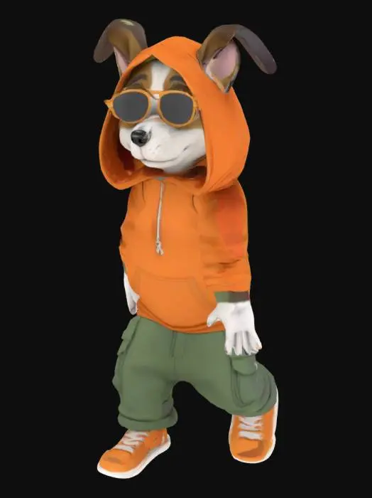 3D model for humanoid character in T pose: vintage cartoon DOG character, stoner, wearing hype beast clothing, sunglasses, detailed model
