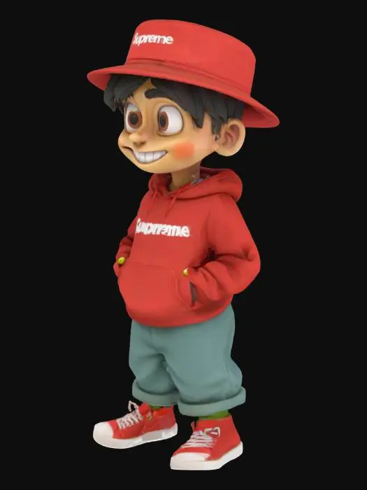 3D model for Detailed 3D model of a vintage cartoon-style stoner character, with exaggerated features, wearing hypebeast streetwear (Supreme hoodie, designer sneakers, bucket hat), expressive pose, stylized and colorful, Pixar-meets-Looney Tunes aesthetic
