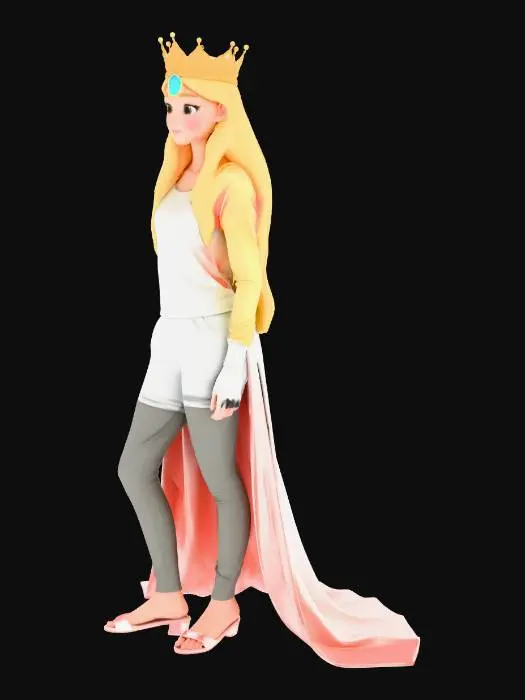 3D model for Une reine européenne de 14 ans à la peau beige, les cheveux blonds, porte une chemise et un pantalon grisâtre. Elle a aussi une couronne avec une opale. sa pose est A-pose