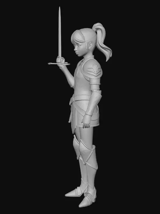 3D model for une adolescente de 14 ans européenne, brune, son corps est recouvert d'une armure dorée et elle tient dans sa main gauche une épée