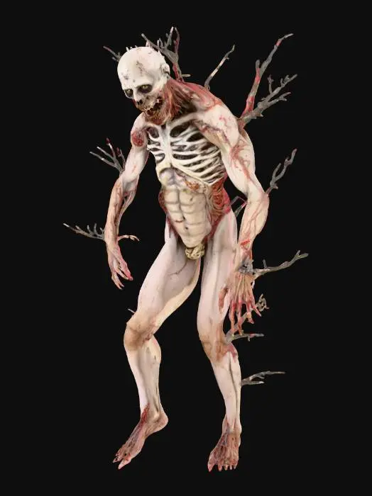 3D model for create a very fresh zombie, hyperrealistic detail, with branches coming out of its arms as if it's being controlled by a tree, bones and tendons, smooth skin, rotting flesh, unhinged jawline, A-pose
