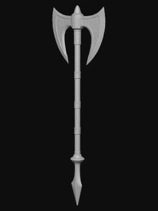 3D model for create a massive doubleheaded axe that has another doubleheaded axe bit at the end of a haft that is at least 60" long, with a wooden grip that ends in a wickedly long spear tip. Add icelandic and nordic-style runes along the wooden handle, along with a leather grip.
