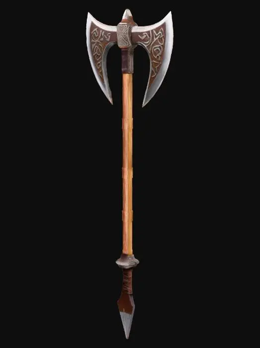 3D model for create a massive doubleheaded axe that has another doubleheaded axe bit at the end of a haft that is at least 60" long, with a wooden grip that ends in a wickedly long spear tip. Add icelandic and nordic-style runes along the wooden handle, along with a leather grip.