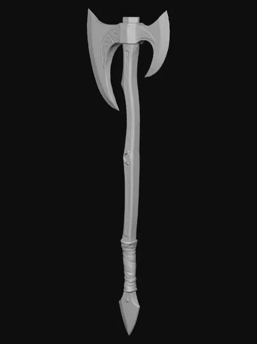 3D model for create a massive doubleheaded axe that has another doubleheaded axe bit at the end of a haft that is at least 60" long, with a wooden grip that ends in a wickedly long spear tip. Add icelandic and nordic-style runes along the wooden handle, along with a leather grip.