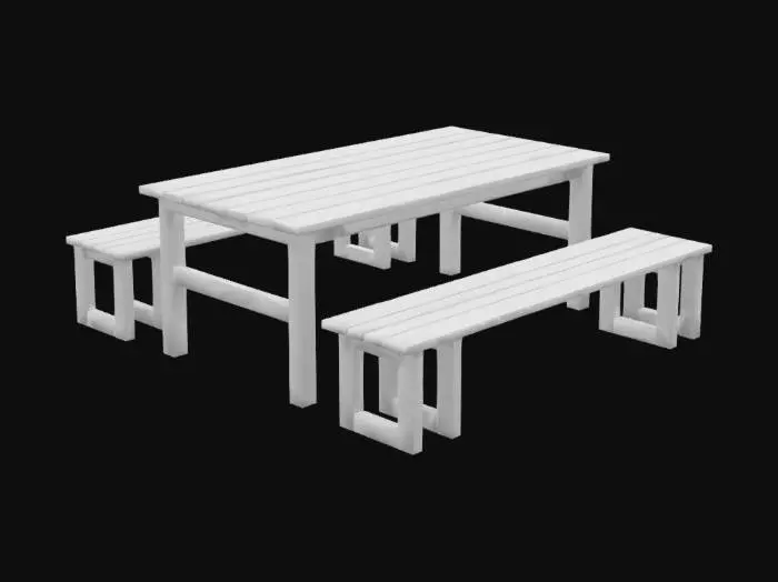 3D model for uma mesa de madeira com quatro bancos em volta , 