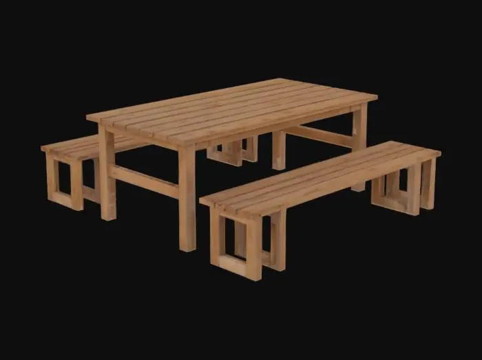 3D model for uma mesa de madeira com quatro bancos em volta , 