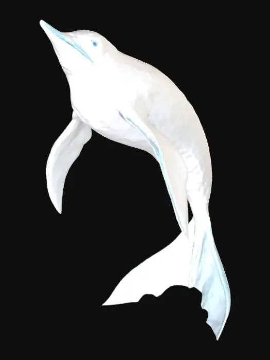 3D model for Uma criatura oceânica 3D com um corpo humano esguio e aerodinâmico, coberto por uma pele lisa e iridescente que reflete a luz como escamas de peixe prateadas e azuis claras. A cabeça humana tem traços delicados e um olhar sereno, com cabelos finos que flutuam como algas marinhas. Os pés de pato são de um tom cinza-azulado, enquanto as mãos exibem barbatanas alongadas e delicadas, quase transparentes, com uma textura sedosa ao toque, sugerindo agilidade subaquática.