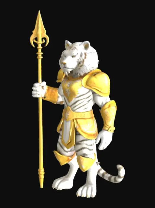 3D model for “Um tigre branco antropomórfico em pé, com postura ereta e imponente, vestindo uma armadura completa de ouro reluzente, detalhada com arabescos finos e símbolos majestosos que refletem poder e nobreza. A armadura brilha intensamente, com texturas metálicas realistas e joias preciosas incrustadas nas ombreiras, peitoral e cinturão. O rosto do tigre branco mantém suas listras cinza suaves e olhos azuis penetrantes, transmitindo sabedoria e força. Seus braços estão relaxados ao lado do corpo, ou segurando uma lança dourada ornamentada, com as garras visíveis sob as luvas da armadura. O fundo é épico — um cenário de montanhas nevadas ou um templo antigo entre a pelagem branca e o ouro brilhante da armadura. Estilo hiper-realista, com atenção aos detalhes da pelagem e do metal.”