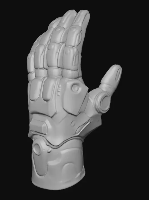 3D model for Stylized Roblox-friendly cyber gloves made of dark steel and deep blue composite parts. Chunky, simple shapes with clean segmented plating and minimal micro-details. Smooth surfaces, low–mid poly look. Fingers have plain tips with thin polished gold outlines running along the edges of the plates and joints. Soft cerise glow dots on the knuckles. Blue cyber-tech aesthetic with simplified exposed wiring patterns and circular joint markings. No text, no logos, no heavy grime. Trendy, low-saturation color palette. Designed to be readable and appealing at Roblox scale, #Thanksgiving#