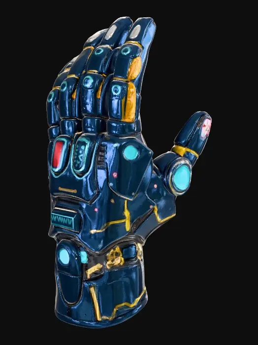 3D model for Stylized Roblox-friendly cyber gloves made of dark steel and deep blue composite parts. Chunky, simple shapes with clean segmented plating and minimal micro-details. Smooth surfaces, low–mid poly look. Fingers have plain tips with thin polished gold outlines running along the edges of the plates and joints. Soft cerise glow dots on the knuckles. Blue cyber-tech aesthetic with simplified exposed wiring patterns and circular joint markings. No text, no logos, no heavy grime. Trendy, low-saturation color palette. Designed to be readable and appealing at Roblox scale, #Thanksgiving#