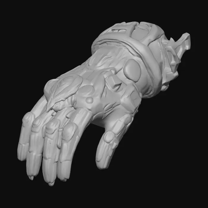 3D model for A pair of intricate cyber-tech gloves crafted from dark steel and deep navy composite materials, featuring layered articulated plating with exposed micro-wiring. Subtle radial joint designs connect the finger segments, each fingertip edged with polished gold outlines. Cerise micro-lights glow softly along the knuckles and seams. The gloves appear worn yet refined, blending functional high-tech engineering with ritualistic, symbolic panel-markings. Overall style is low-saturation, modern, and trend-aware with a cool blue cyber aesthetic. Smooth, stylized PBR materials, medium-high detail, no text or logos. Low poly and squareish ONLY GLOVES NO BODY NO OVERLAPPING. GLOVES ONLY REACH SLIGHTLY ABOVE THE WRIST NOT THE WHOLE ARM. ,#Thanksgiving#