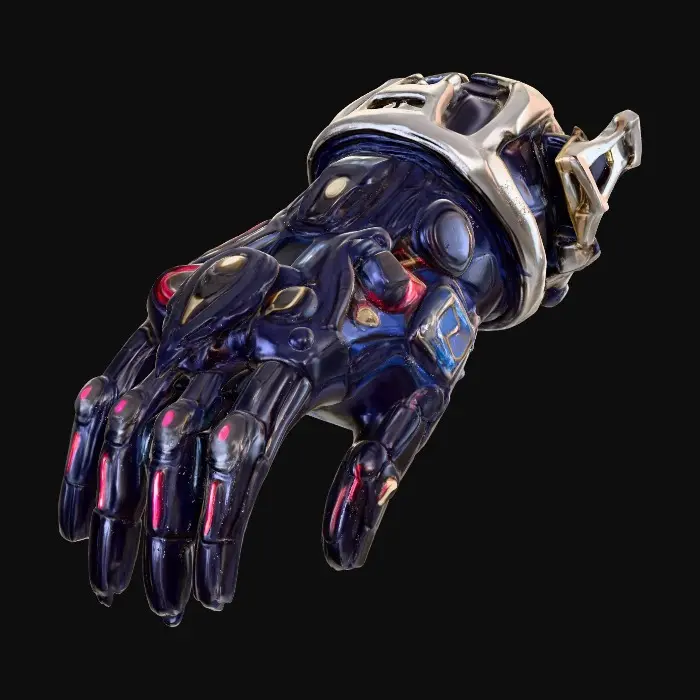 3D model for A pair of intricate cyber-tech gloves crafted from dark steel and deep navy composite materials, featuring layered articulated plating with exposed micro-wiring. Subtle radial joint designs connect the finger segments, each fingertip edged with polished gold outlines. Cerise micro-lights glow softly along the knuckles and seams. The gloves appear worn yet refined, blending functional high-tech engineering with ritualistic, symbolic panel-markings. Overall style is low-saturation, modern, and trend-aware with a cool blue cyber aesthetic. Smooth, stylized PBR materials, medium-high detail, no text or logos. Low poly and squareish ONLY GLOVES NO BODY NO OVERLAPPING. GLOVES ONLY REACH SLIGHTLY ABOVE THE WRIST NOT THE WHOLE ARM. ,#Thanksgiving#