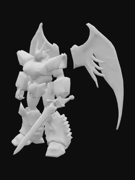 3D model for Create a high-poly 3D Megazord in a dynamic battle stance. Combine five animal mechs: a silver-red chest plate with gold crests; a yellow lion leg with pistons and red accents; a blue shark/dragon leg with fin armor and claw toes; dual arms: multi-barrel launcher and articulated fingers; an oversized silver sword with gold filigree; skeletal steel wings with translucent purple membranes; exposed gears, vents, and rivets; reflective chrome, painted metal, and matte black frame; Include beveled edges and hydraulic tubing textures; Add small panel decals Render with realistic metal shaders, dirt and chipped paint; Ensure joints show bearings and hoses; Use dramatic lighting to highlight metallic surfaces and colored accents; Pose leaning forward, sword raised, wings unfurled, ready to strike.