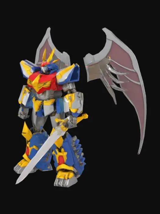 3D model for Create a high-poly 3D Megazord in a dynamic battle stance. Combine five animal mechs: a silver-red chest plate with gold crests; a yellow lion leg with pistons and red accents; a blue shark/dragon leg with fin armor and claw toes; dual arms: multi-barrel launcher and articulated fingers; an oversized silver sword with gold filigree; skeletal steel wings with translucent purple membranes; exposed gears, vents, and rivets; reflective chrome, painted metal, and matte black frame; Include beveled edges and hydraulic tubing textures; Add small panel decals Render with realistic metal shaders, dirt and chipped paint; Ensure joints show bearings and hoses; Use dramatic lighting to highlight metallic surfaces and colored accents; Pose leaning forward, sword raised, wings unfurled, ready to strike.