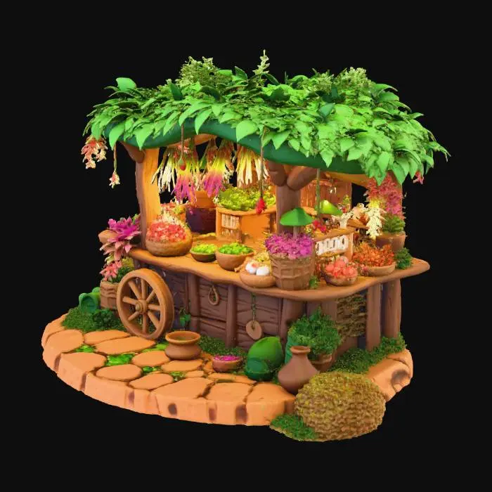 3D model for 3d model fantasy market stall, wooden herb cart under a leafy canopy, hanging dried herbs, glowing mushrooms, tiny floating lights, jars of colorful roots and petals, woven baskets, mortar and pestle on counter, fey nature aesthetic, whimsical curved wood, soft warm lighting, stylized painterly fantasy style