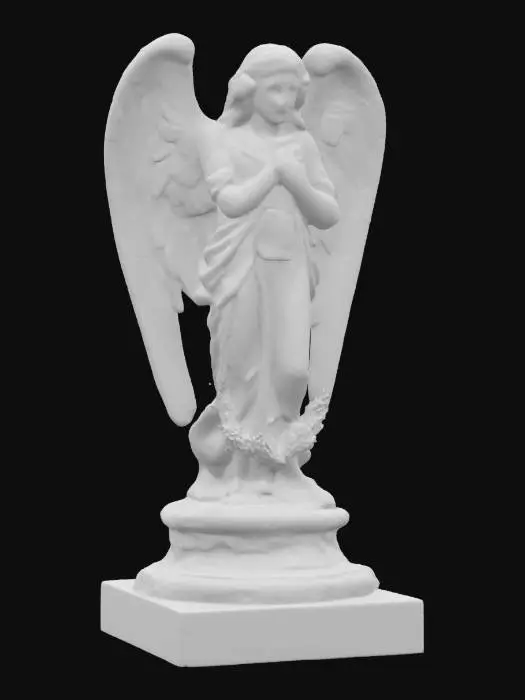 3D model for A hauntingly realistic ancient cemetery angel statue, carved from cracked and weathered white marble, with large broken wings tattered at the edges. The angel's face is hollow-eyed, missing pupils, with deep cracks running across the cheeks and forehead. The statue is covered with patches of dark green moss and lichen, growing densely especially around the wings and base. The angel is sitting on a cracked stone pedestal, head bowed in sorrow, with chipped fingers clutching a broken wreath. The surface shows heavy erosion, dirt stains, and chipped marble flakes, conveying centuries of abandonment. The style is gothic, eerie, and somber, perfect for a dark, haunted graveyard atmosphere.

