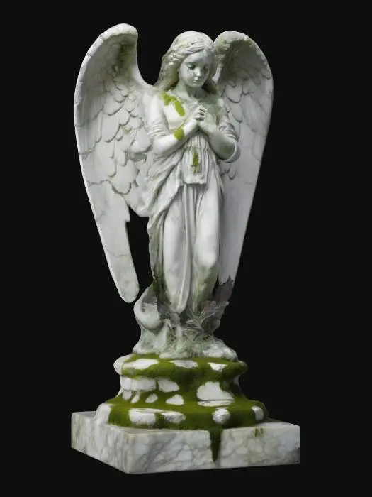 3D model for A hauntingly realistic ancient cemetery angel statue, carved from cracked and weathered white marble, with large broken wings tattered at the edges. The angel's face is hollow-eyed, missing pupils, with deep cracks running across the cheeks and forehead. The statue is covered with patches of dark green moss and lichen, growing densely especially around the wings and base. The angel is sitting on a cracked stone pedestal, head bowed in sorrow, with chipped fingers clutching a broken wreath. The surface shows heavy erosion, dirt stains, and chipped marble flakes, conveying centuries of abandonment. The style is gothic, eerie, and somber, perfect for a dark, haunted graveyard atmosphere.

