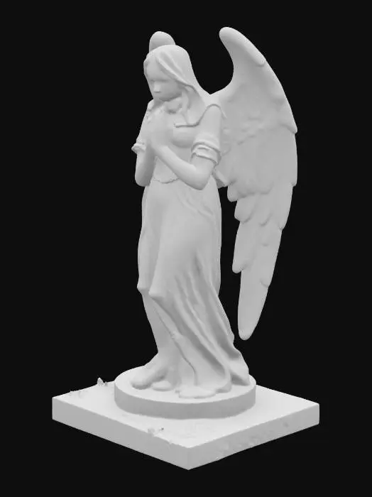3D model for Adult cemetery angel statue, gothic style, no children, no babies, mature face with sharp and solemn features, hollow empty eyes, cracked and weathered white marble, large broken wings folded gently behind, covered with dark moss and lichen. The angel is sitting on a cracked stone pedestal, head bowed sorrowfully, no weapons, no armor, no fantasy elements, no wings like cherubs, no playful or innocent expressions, only melancholic and haunting atmosphere, abandoned cemetery vibe, moss-covered stone, aged and eroded texture.

