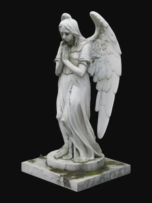 3D model for Adult cemetery angel statue, gothic style, no children, no babies, mature face with sharp and solemn features, hollow empty eyes, cracked and weathered white marble, large broken wings folded gently behind, covered with dark moss and lichen. The angel is sitting on a cracked stone pedestal, head bowed sorrowfully, no weapons, no armor, no fantasy elements, no wings like cherubs, no playful or innocent expressions, only melancholic and haunting atmosphere, abandoned cemetery vibe, moss-covered stone, aged and eroded texture.


