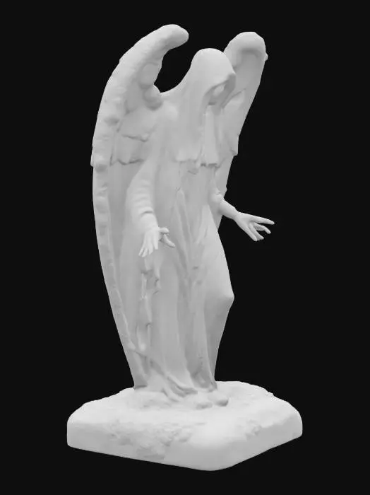 3D model for Sinister gothic cemetery angel statue with an eerie, lifelike presence. The statue is carved from cracked, weathered stone with patches of dark moss and lichen. It has hollow, piercing eyes that seem to watch silently, a solemn but unsettling expression, and large tattered wings folded behind its back. The angel is in a poised stance, as if ready to move, with subtle hints of motion frozen in time. The surface is aged and chipped, with creeping ivy wrapping around the pedestal. The overall mood is haunting and tense, evoking a supernatural guardian of a haunted graveyard, mysterious and threatening yet still beautiful.
