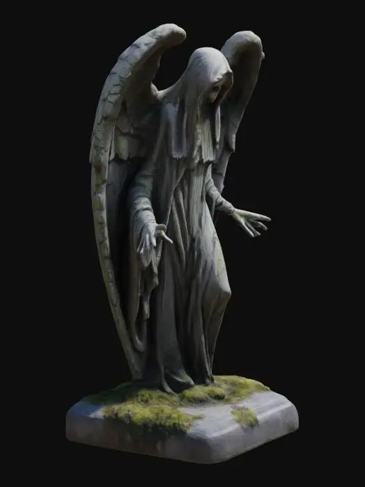 3D model for Sinister gothic cemetery angel statue with an eerie, lifelike presence. The statue is carved from cracked, weathered stone with patches of dark moss and lichen. It has hollow, piercing eyes that seem to watch silently, a solemn but unsettling expression, and large tattered wings folded behind its back. The angel is in a poised stance, as if ready to move, with subtle hints of motion frozen in time. The surface is aged and chipped, with creeping ivy wrapping around the pedestal. The overall mood is haunting and tense, evoking a supernatural guardian of a haunted graveyard, mysterious and threatening yet still beautiful.
