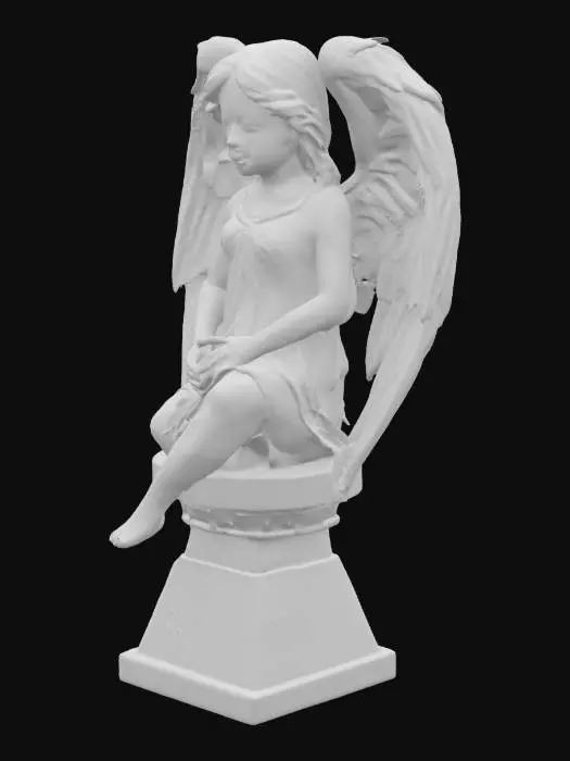3D model for Realistic gothic cemetery angel statue carved from aged, cracked gray marble with natural erosion and weathering. The statue has a solemn, adult face with hollow, empty eye sockets that create an unsettling gaze. Its wings are large but worn, with chipped edges and patches of dark green moss growing in the crevices. The angel is seated on a cracked stone pedestal, fingers delicately resting on its lap, head slightly bowed in mourning. The surface shows subtle dirt stains, lichen patches, and discoloration from decades exposed to the elements. Around the base, scattered dry leaves and faint traces of creeping ivy add to the neglected atmosphere. The overall mood is quiet, melancholic, and subtly eerie — as if the statue is silently watching, frozen in time yet somehow alive.