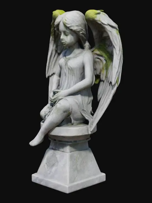 3D model for Realistic gothic cemetery angel statue carved from aged, cracked gray marble with natural erosion and weathering. The statue has a solemn, adult face with hollow, empty eye sockets that create an unsettling gaze. Its wings are large but worn, with chipped edges and patches of dark green moss growing in the crevices. The angel is seated on a cracked stone pedestal, fingers delicately resting on its lap, head slightly bowed in mourning. The surface shows subtle dirt stains, lichen patches, and discoloration from decades exposed to the elements. Around the base, scattered dry leaves and faint traces of creeping ivy add to the neglected atmosphere. The overall mood is quiet, melancholic, and subtly eerie — as if the statue is silently watching, frozen in time yet somehow alive.